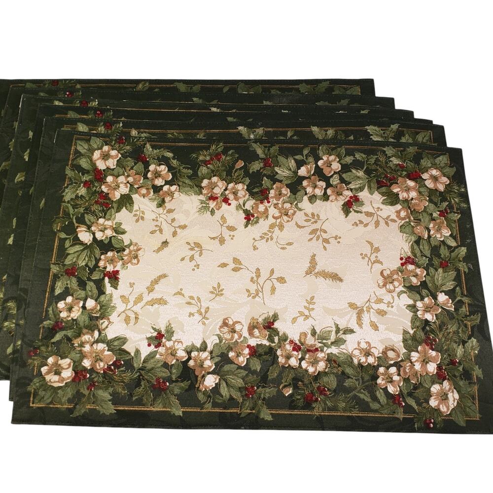 Kemp & Beatley Splendor Fabric Placemats Holiday Floral Design Reversible 6 Pack